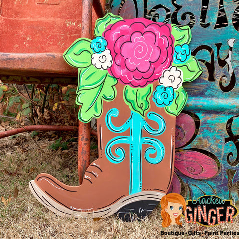 Cowboy Boot With Flowers Wooden Door Hanger or Wall Decor