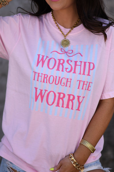 WORSHIP THROUGH THE WORRY STRIPED BOW TEE - Cracked Ginger