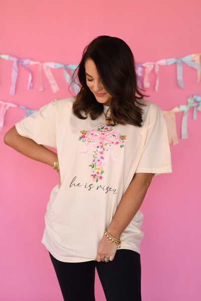 He Is Risen Floral Cross Tee - Cracked Ginger
