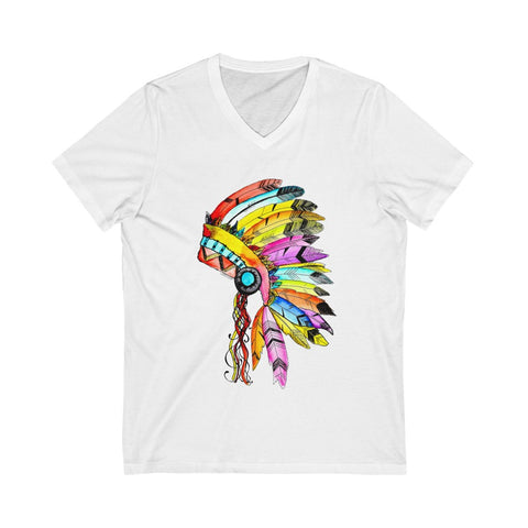 Watercolor Indian Headdress Unisex Jersey Short Sleeve V-Neck Tee