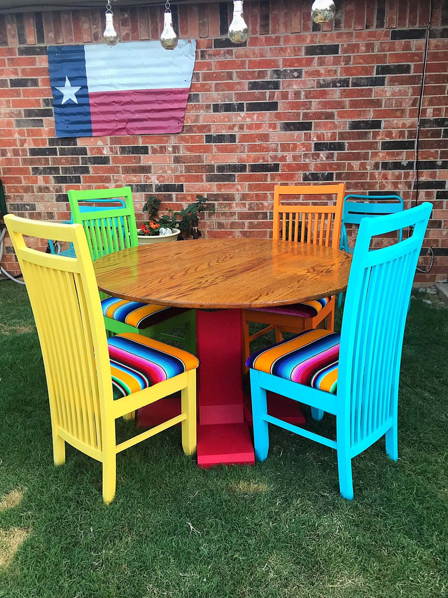 Refurbished solid oak dining table and serape chairs