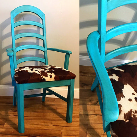 Distressed and Aged Turquoise Cow Print Chair