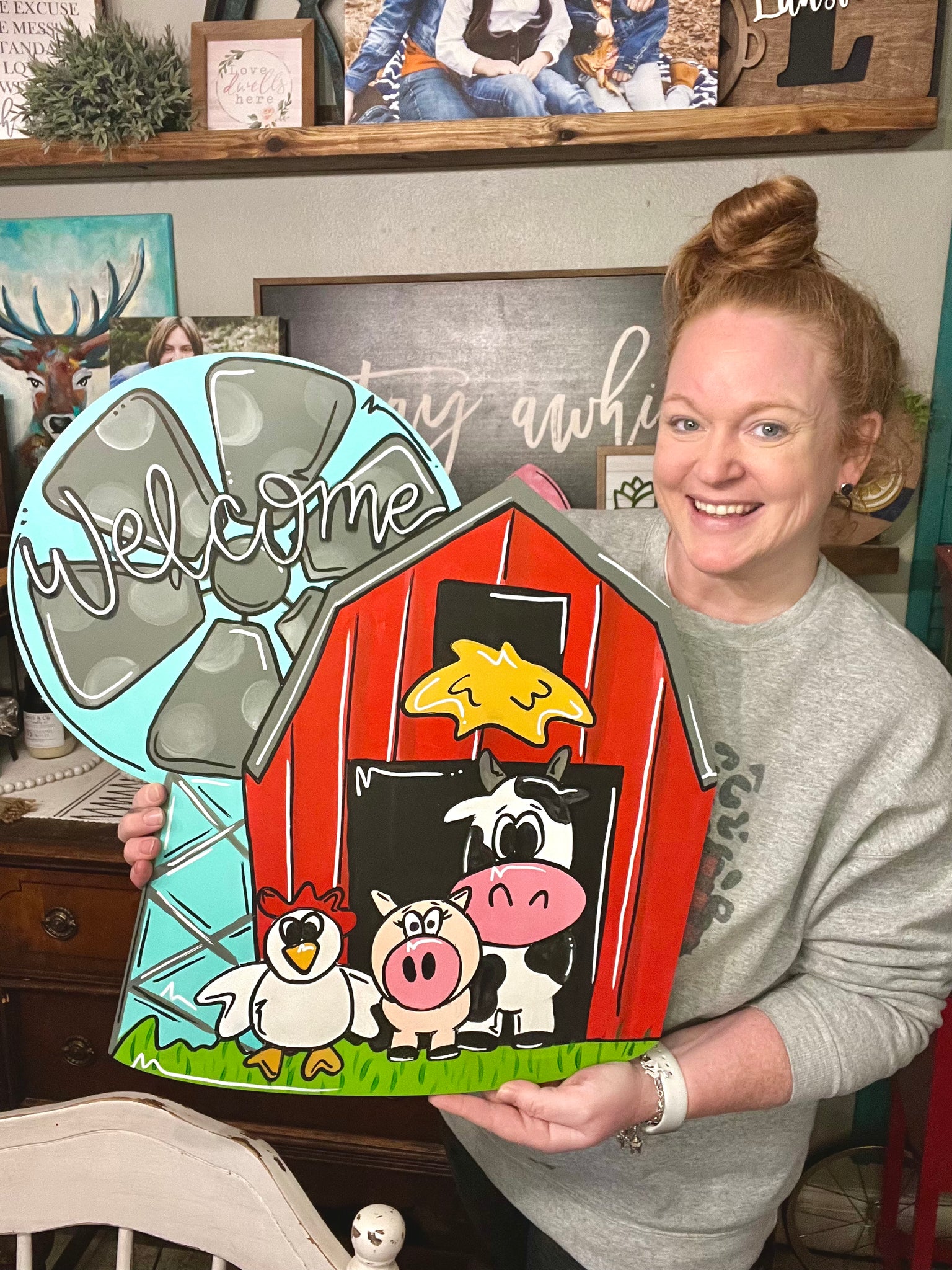 Barn with farm animals and windmill door hanger sign