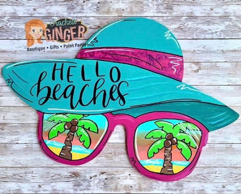 Hello Beaches Floppy Sun Hat Wooden Door Hanger or Wall Decor