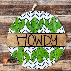 Howdy Black and white boho pattern with cactus Round Door Hanger Sign