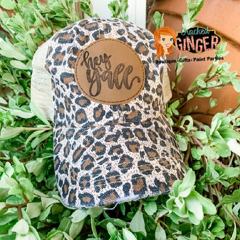Hey Y’all Leopard Print Leather Patch High Pony Baseball Hat