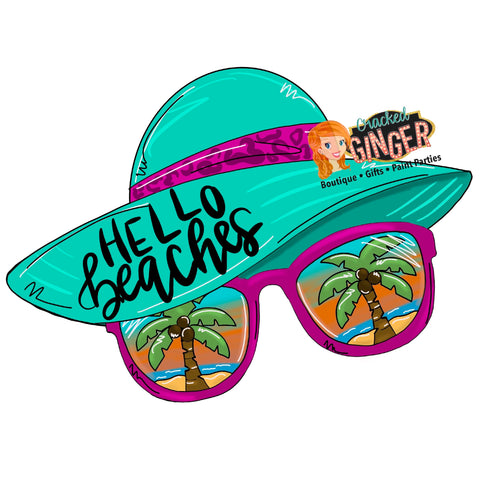 Hello beaches floppy hat and sunglasses