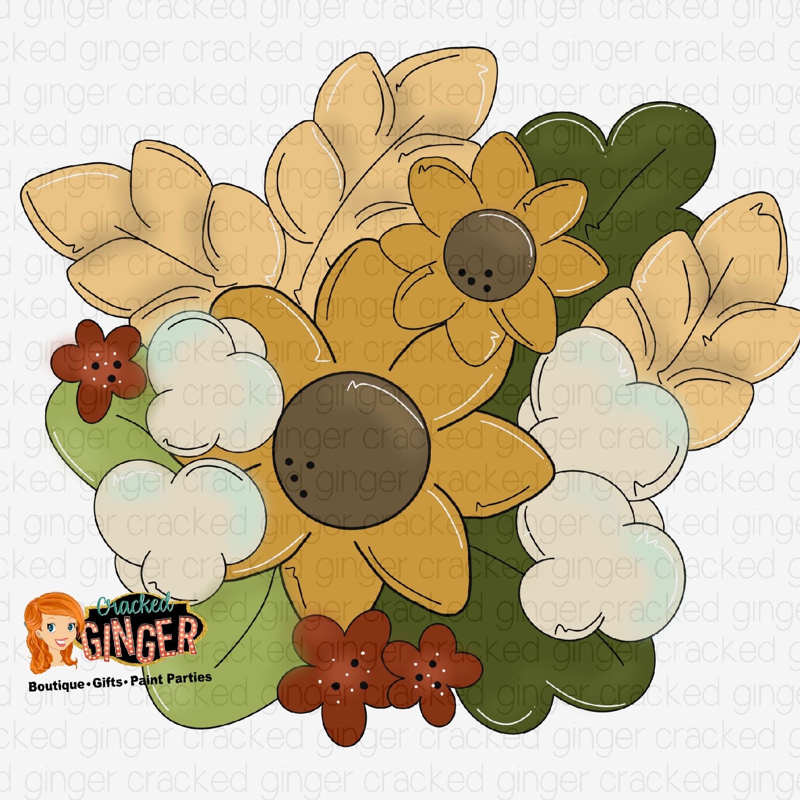 Fall floral arrangement sunflowers wheat cotton Cutout and Kits